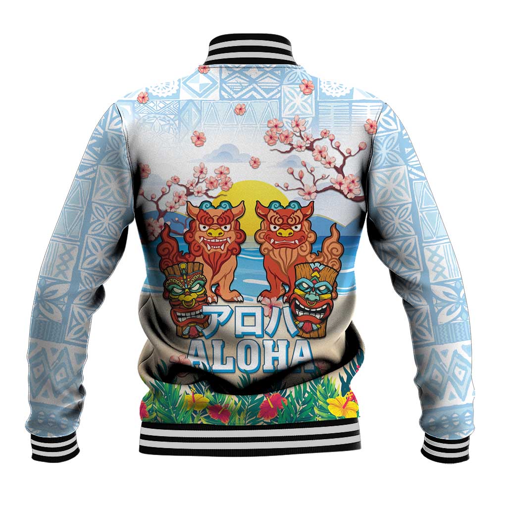 Hawaii And Japan Okinawa Baseball Jacket Aloha Gozaimasu Tiki With Shisa LT05 - Polynesian Pride