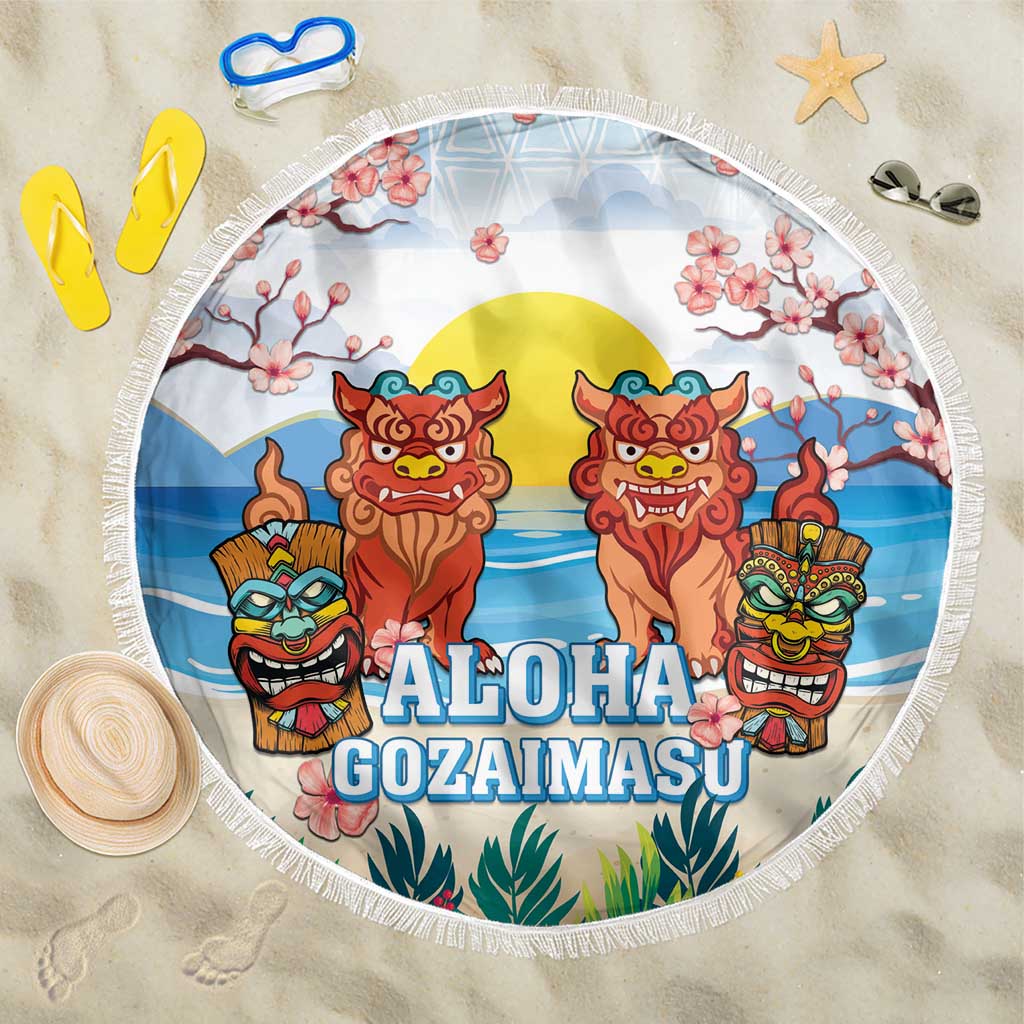 Hawaii And Japan Okinawa Beach Blanket Aloha Gozaimasu Tiki With Shisa LT05 One Size 150cm Blue - Polynesian Pride