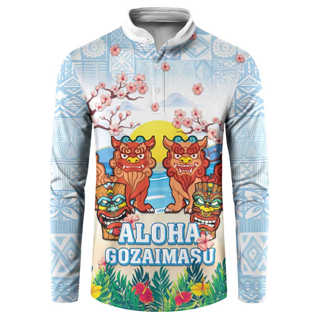 Hawaii And Japan Okinawa Button Sweatshirt Aloha Gozaimasu Tiki With Shisa LT05 Blue - Polynesian Pride
