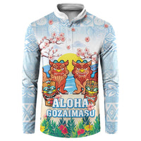 Hawaii And Japan Okinawa Button Sweatshirt Aloha Gozaimasu Tiki With Shisa LT05 Blue - Polynesian Pride