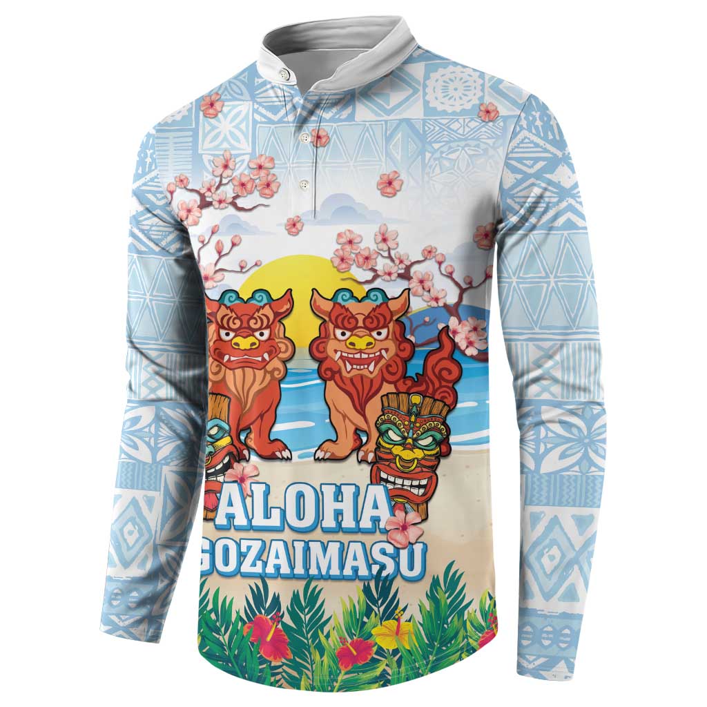 Hawaii And Japan Okinawa Button Sweatshirt Aloha Gozaimasu Tiki With Shisa LT05 - Polynesian Pride