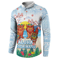Hawaii And Japan Okinawa Button Sweatshirt Aloha Gozaimasu Tiki With Shisa LT05 - Polynesian Pride