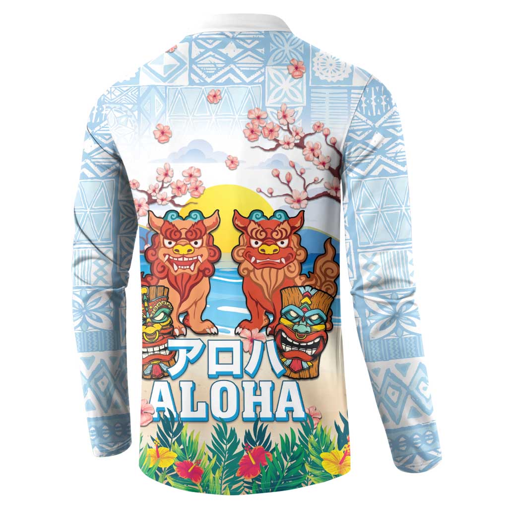 Hawaii And Japan Okinawa Button Sweatshirt Aloha Gozaimasu Tiki With Shisa LT05 - Polynesian Pride