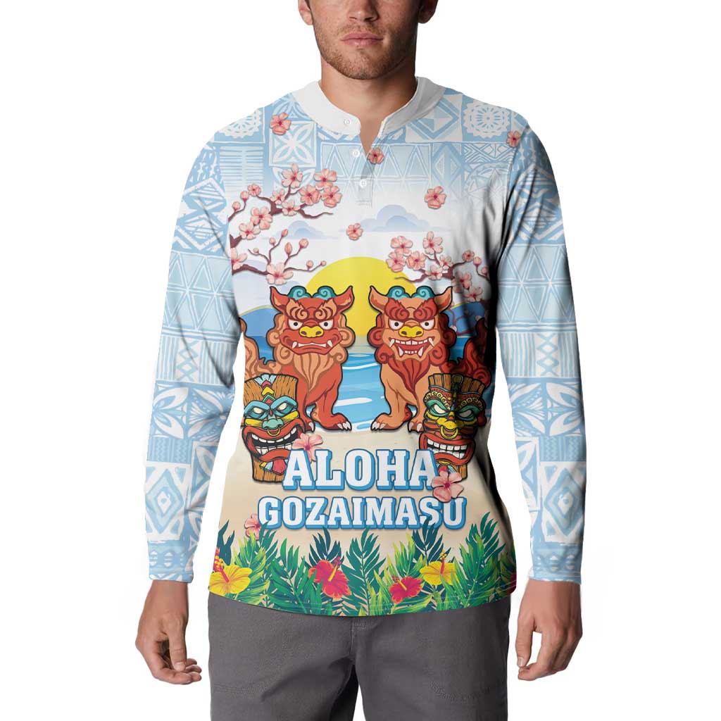 Hawaii And Japan Okinawa Button Sweatshirt Aloha Gozaimasu Tiki With Shisa LT05 - Polynesian Pride