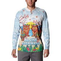 Hawaii And Japan Okinawa Button Sweatshirt Aloha Gozaimasu Tiki With Shisa LT05 - Polynesian Pride