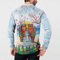 Hawaii And Japan Okinawa Button Sweatshirt Aloha Gozaimasu Tiki With Shisa LT05 - Polynesian Pride
