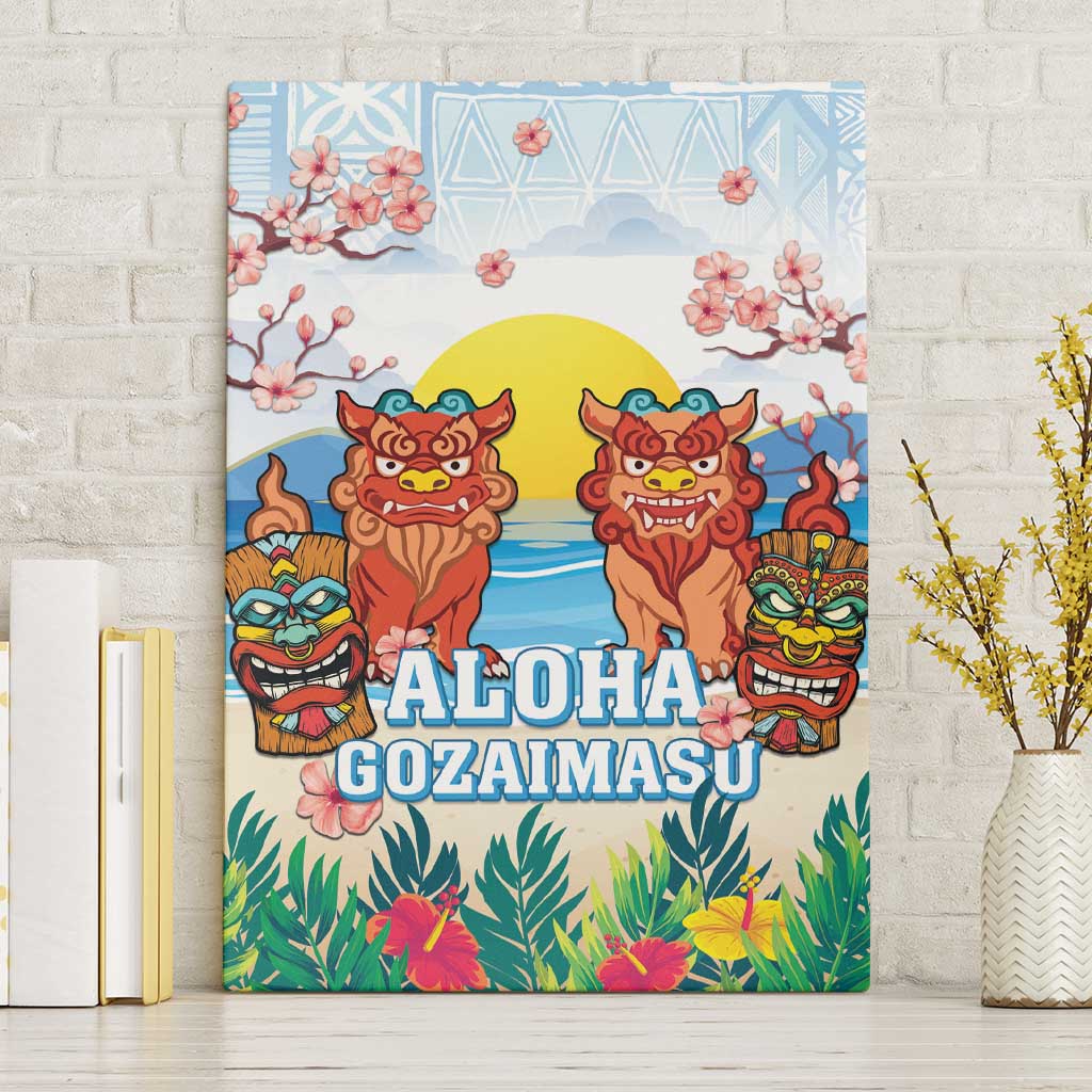 Hawaii And Japan Okinawa Canvas Wall Art Aloha Gozaimasu Tiki With Shisa LT05 Without Frame Blue - Polynesian Pride