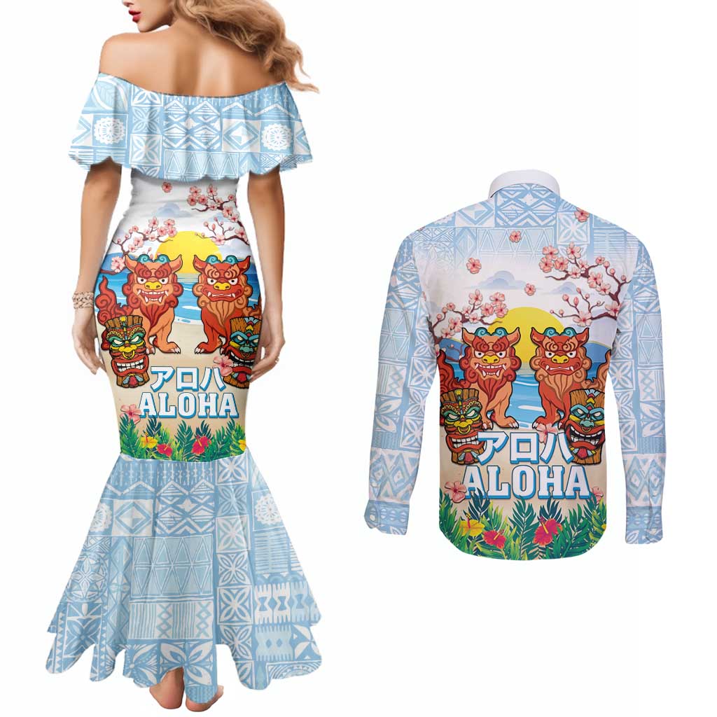Hawaii And Japan Okinawa Couples Matching Mermaid Dress and Long Sleeve Button Shirt Aloha Gozaimasu Tiki With Shisa