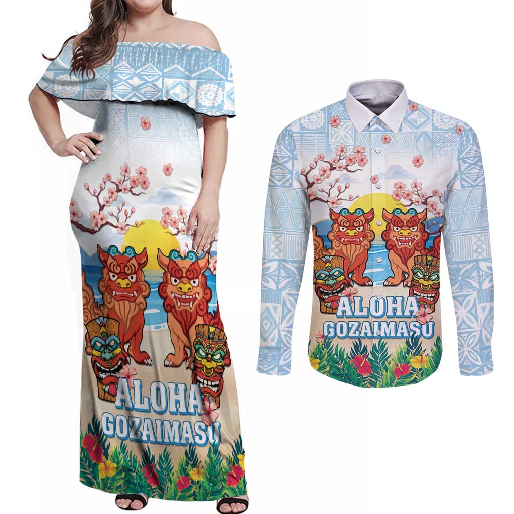 Hawaii And Japan Okinawa Couples Matching Off Shoulder Maxi Dress and Long Sleeve Button Shirt Aloha Gozaimasu Tiki With Shisa LT05 Blue - Polynesian Pride