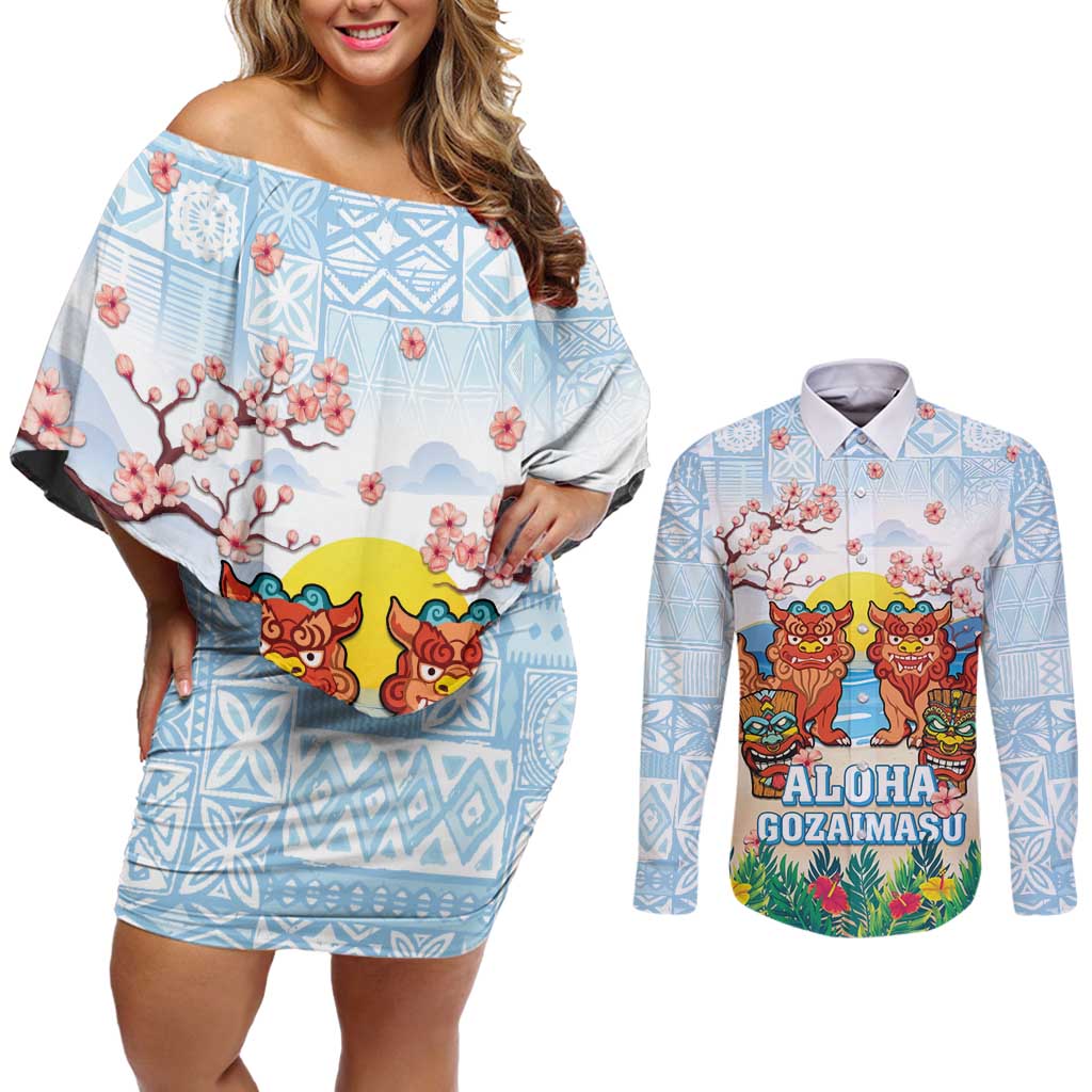 Hawaii And Japan Okinawa Couples Matching Off Shoulder Short Dress and Long Sleeve Button Shirt Aloha Gozaimasu Tiki With Shisa LT05 Blue - Polynesian Pride