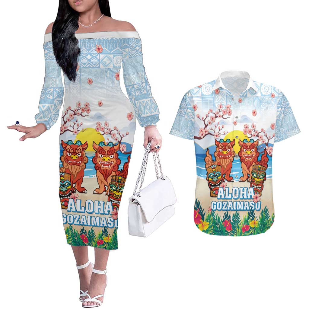 Hawaii And Japan Okinawa Couples Matching Off The Shoulder Long Sleeve Dress and Hawaiian Shirt Aloha Gozaimasu Tiki With Shisa LT05 Blue - Polynesian Pride