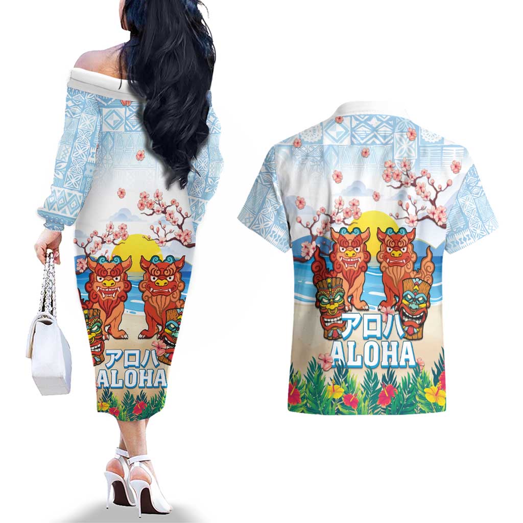 Hawaii And Japan Okinawa Couples Matching Off The Shoulder Long Sleeve Dress and Hawaiian Shirt Aloha Gozaimasu Tiki With Shisa LT05 - Polynesian Pride