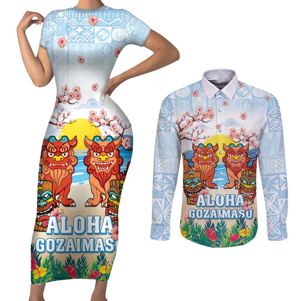 Hawaii And Japan Okinawa Couples Matching Short Sleeve Bodycon Dress and Long Sleeve Button Shirt Aloha Gozaimasu Tiki With Shisa LT05 Blue - Polynesian Pride