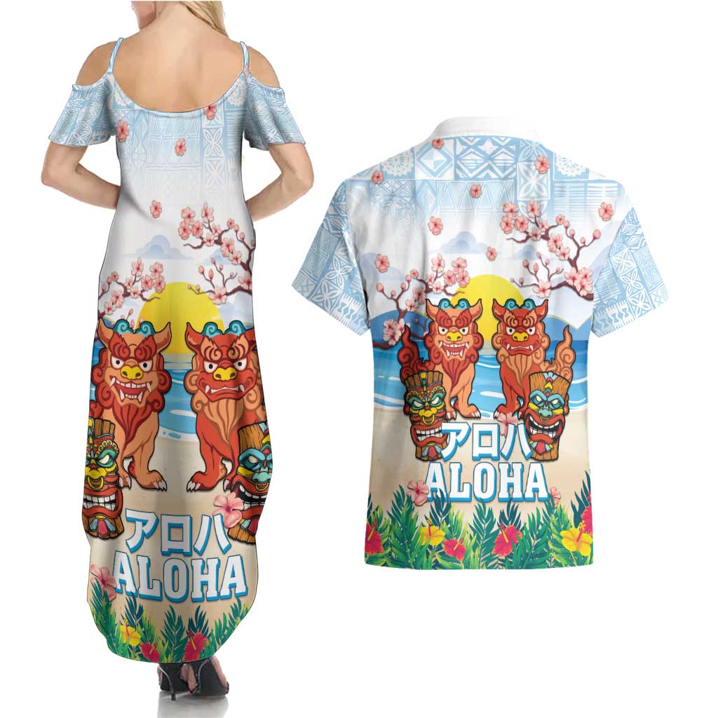 Hawaii And Japan Okinawa Couples Matching Summer Maxi Dress and Hawaiian Shirt Aloha Gozaimasu Tiki With Shisa