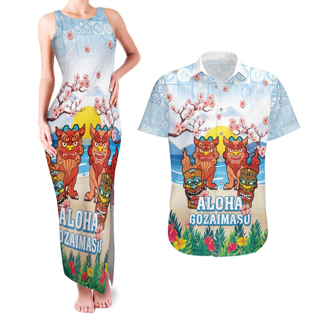 Hawaii And Japan Okinawa Couples Matching Tank Maxi Dress and Hawaiian Shirt Aloha Gozaimasu Tiki With Shisa LT05 Blue - Polynesian Pride