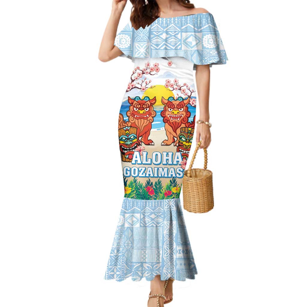 Hawaii And Japan Okinawa Family Matching Mermaid Dress and Hawaiian Shirt Aloha Gozaimasu Tiki With Shisa