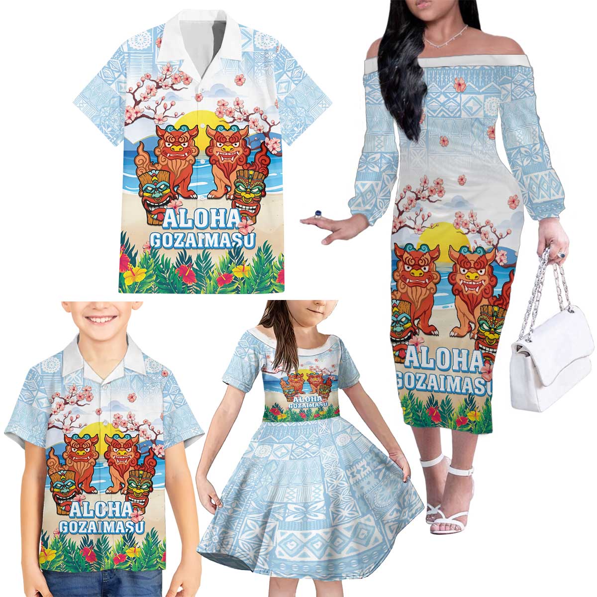 Hawaii And Japan Okinawa Family Matching Off The Shoulder Long Sleeve Dress and Hawaiian Shirt Aloha Gozaimasu Tiki With Shisa LT05 - Polynesian Pride