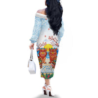 Hawaii And Japan Okinawa Family Matching Off The Shoulder Long Sleeve Dress and Hawaiian Shirt Aloha Gozaimasu Tiki With Shisa