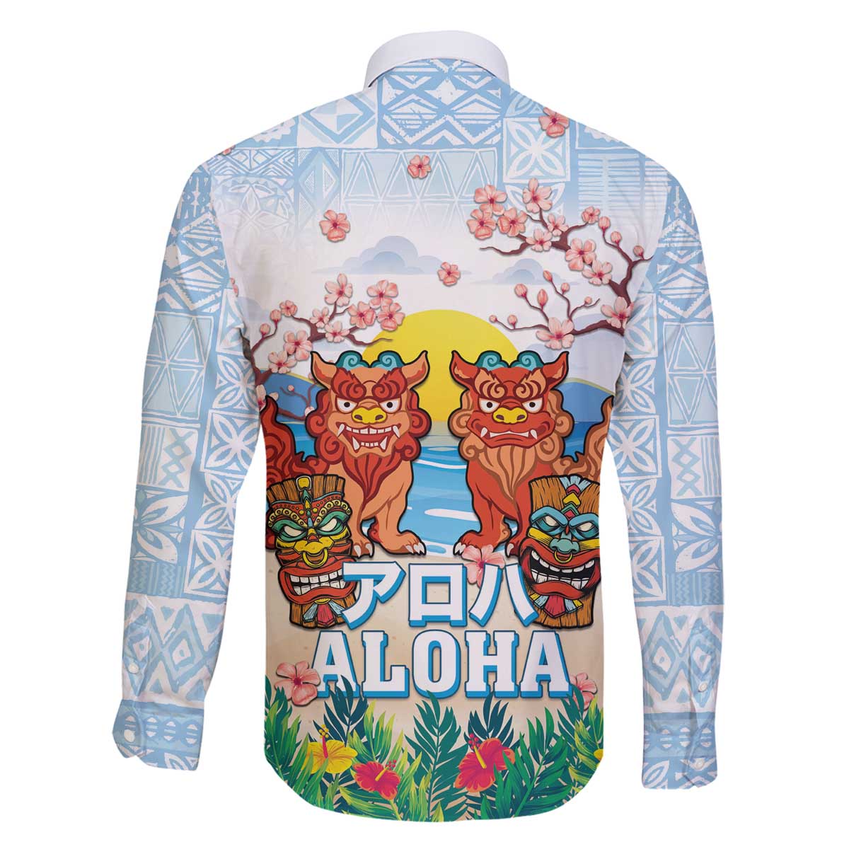 Hawaii And Japan Okinawa Family Matching Off Shoulder Short Dress and Hawaiian Shirt Aloha Gozaimasu Tiki With Shisa