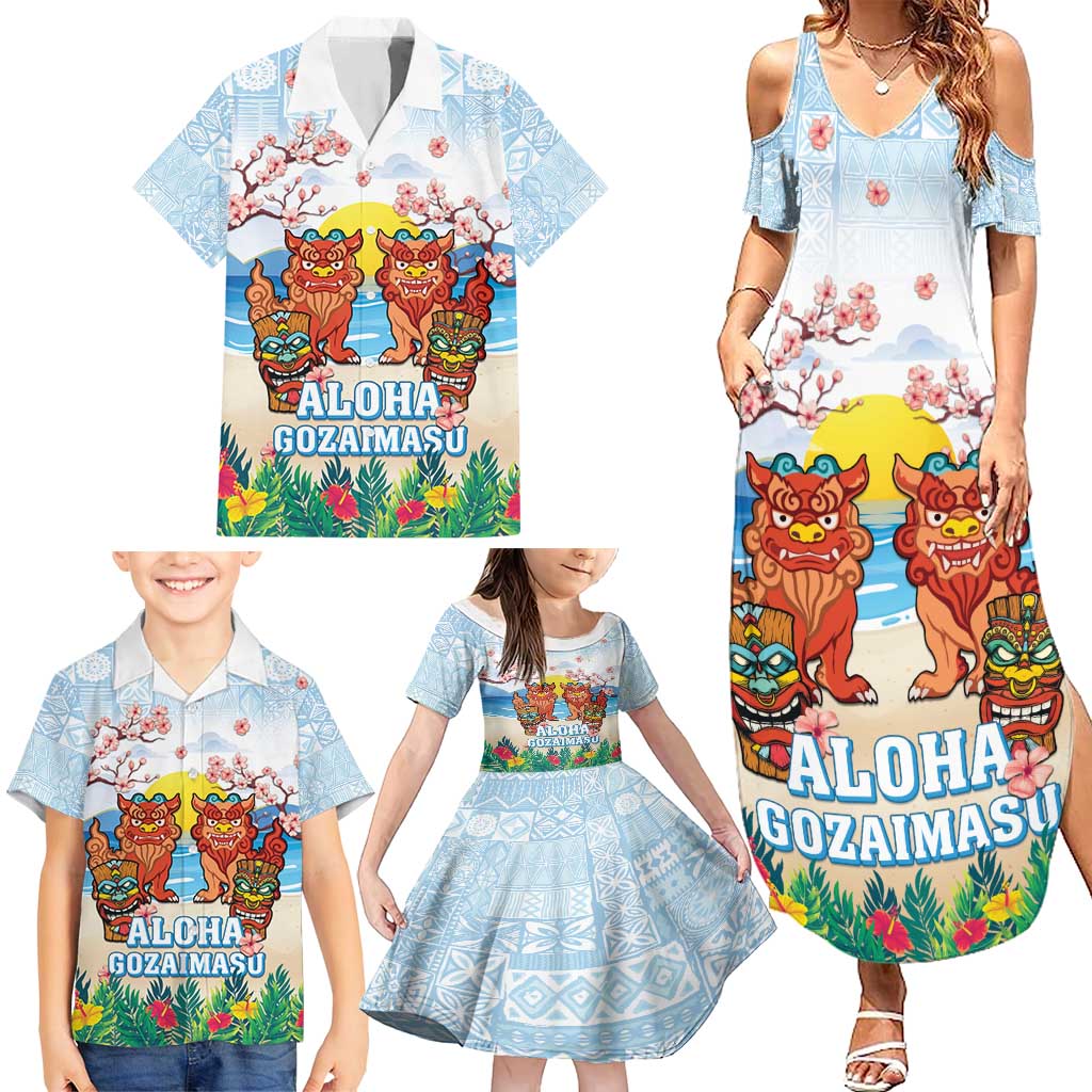 Hawaii And Japan Okinawa Family Matching Summer Maxi Dress and Hawaiian Shirt Aloha Gozaimasu Tiki With Shisa