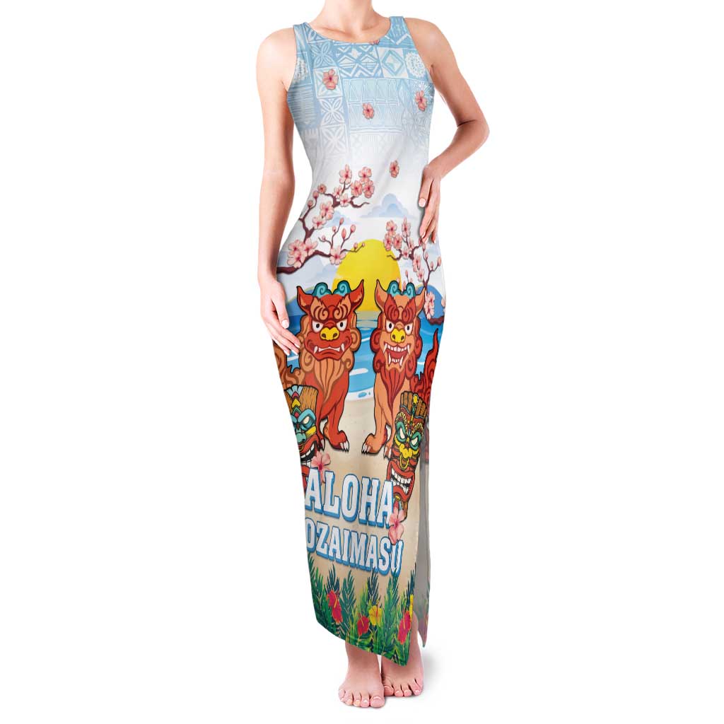 Hawaii And Japan Okinawa Family Matching Tank Maxi Dress and Hawaiian Shirt Aloha Gozaimasu Tiki With Shisa