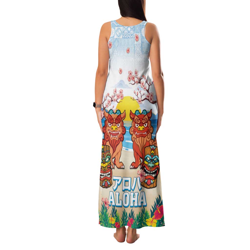 Hawaii And Japan Okinawa Family Matching Tank Maxi Dress and Hawaiian Shirt Aloha Gozaimasu Tiki With Shisa