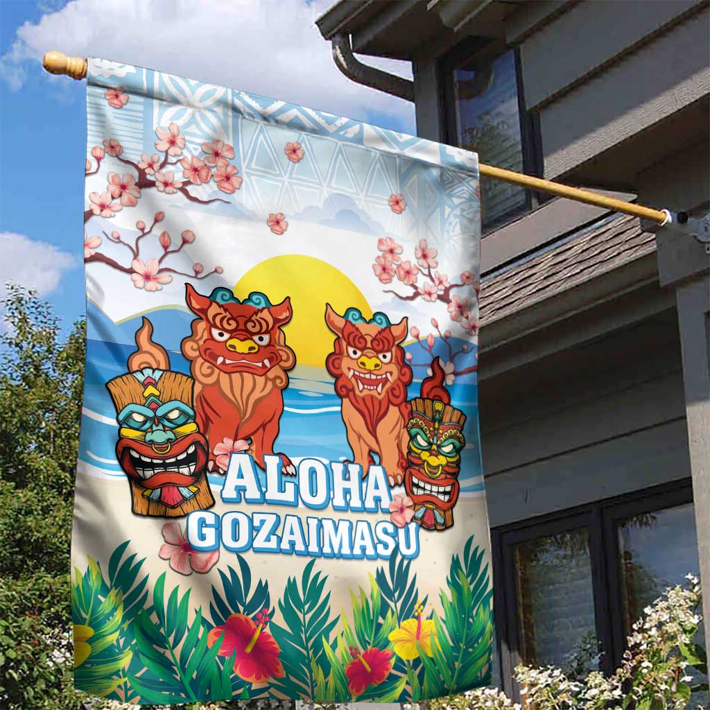 Hawaii And Japan Okinawa Garden Flag Aloha Gozaimasu Tiki With Shisa LT05 - Polynesian Pride
