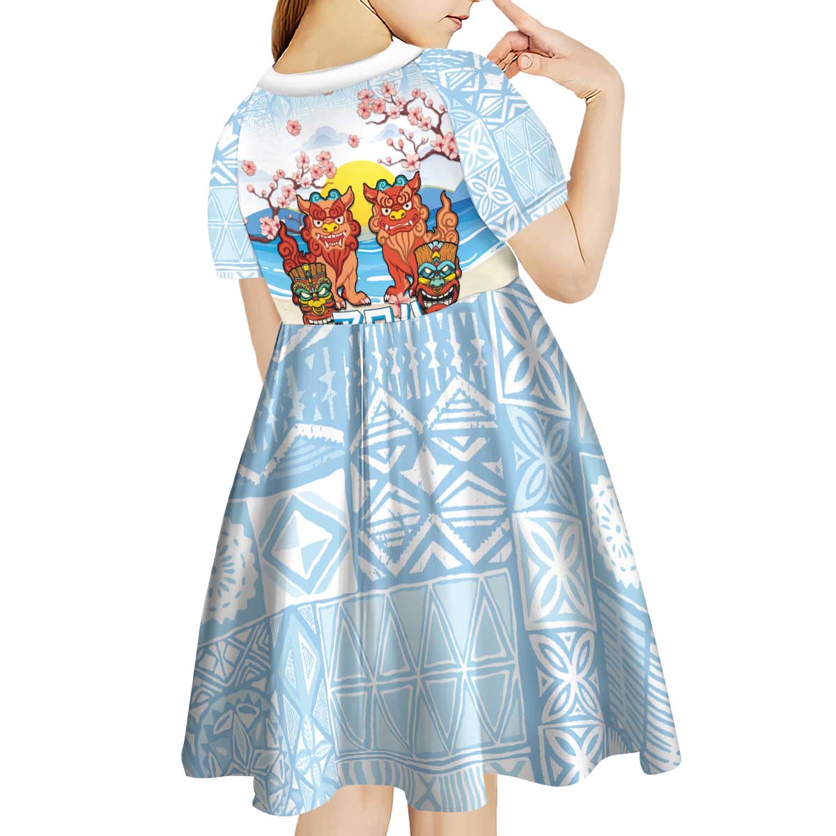 Hawaii And Japan Okinawa Kid Short Sleeve Dress Aloha Gozaimasu Tiki With Shisa
