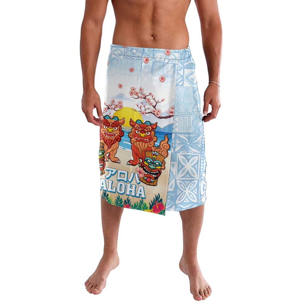 Hawaii And Japan Okinawa Lavalava Aloha Gozaimasu Tiki With Shisa LT05 Blue - Polynesian Pride