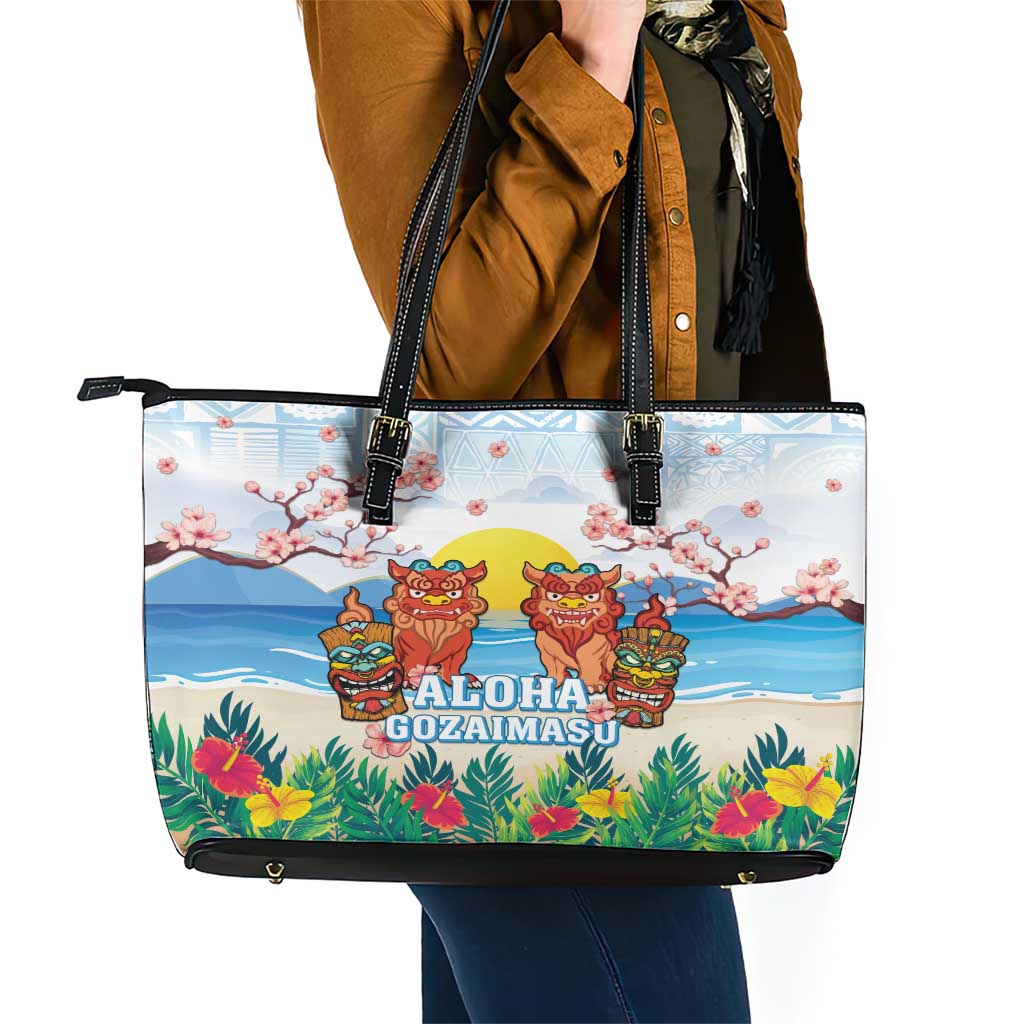 Hawaii And Japan Okinawa Leather Tote Bag Aloha Gozaimasu Tiki With Shisa LT05 - Polynesian Pride