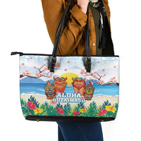 Hawaii And Japan Okinawa Leather Tote Bag Aloha Gozaimasu Tiki With Shisa LT05 - Polynesian Pride