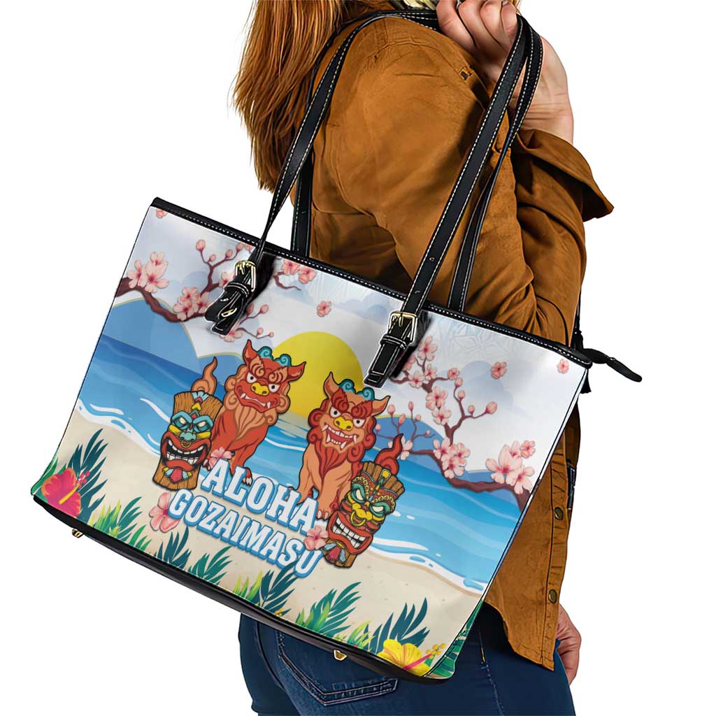 Hawaii And Japan Okinawa Leather Tote Bag Aloha Gozaimasu Tiki With Shisa LT05 - Polynesian Pride