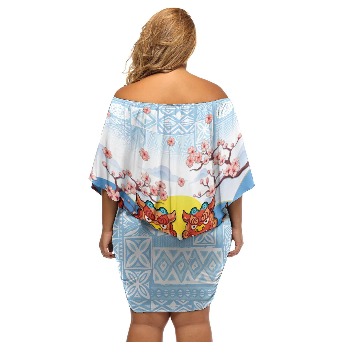 Hawaii And Japan Okinawa Off Shoulder Short Dress Aloha Gozaimasu Tiki With Shisa