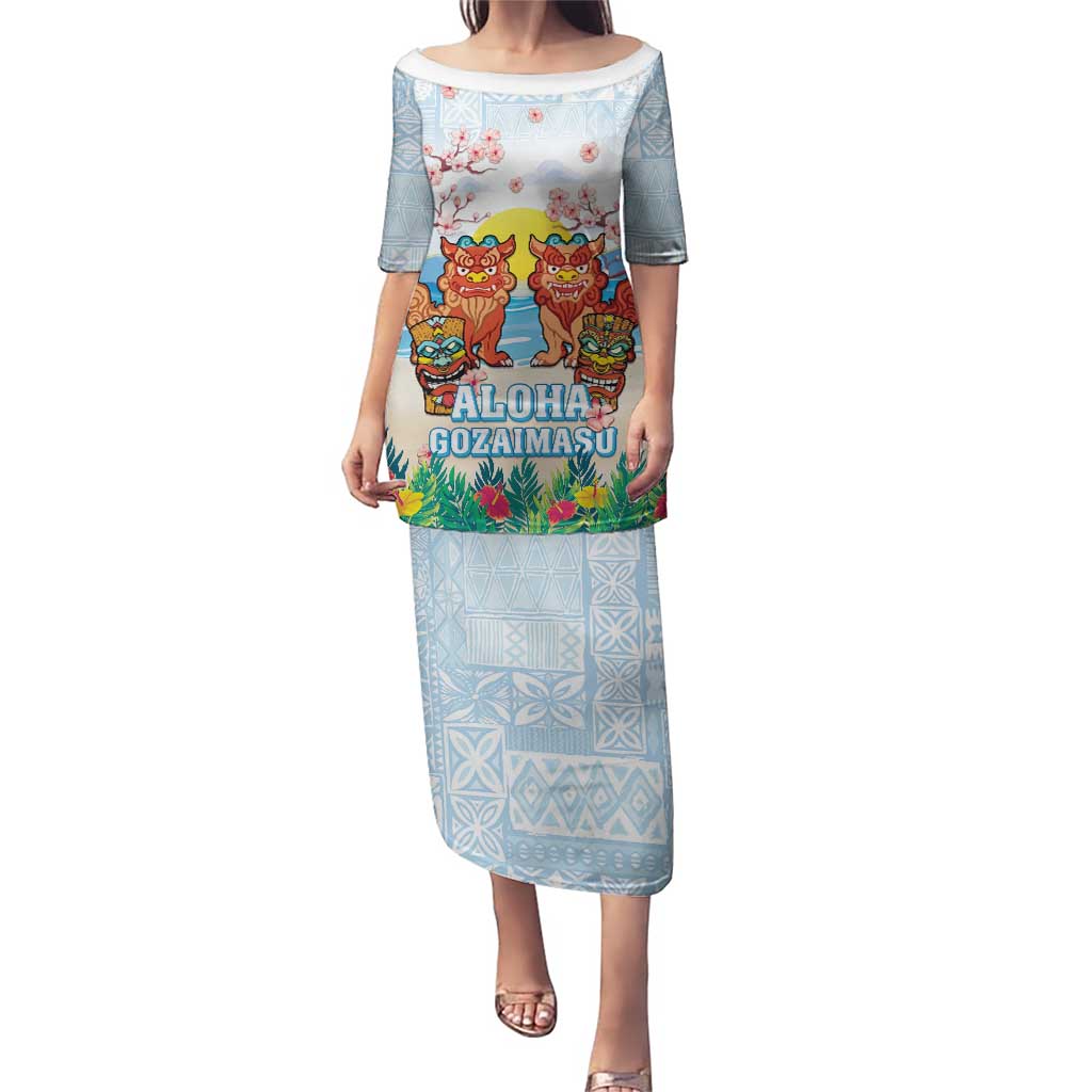 Hawaii And Japan Okinawa Puletasi Aloha Gozaimasu Tiki With Shisa LT05 Long Dress Blue - Polynesian Pride