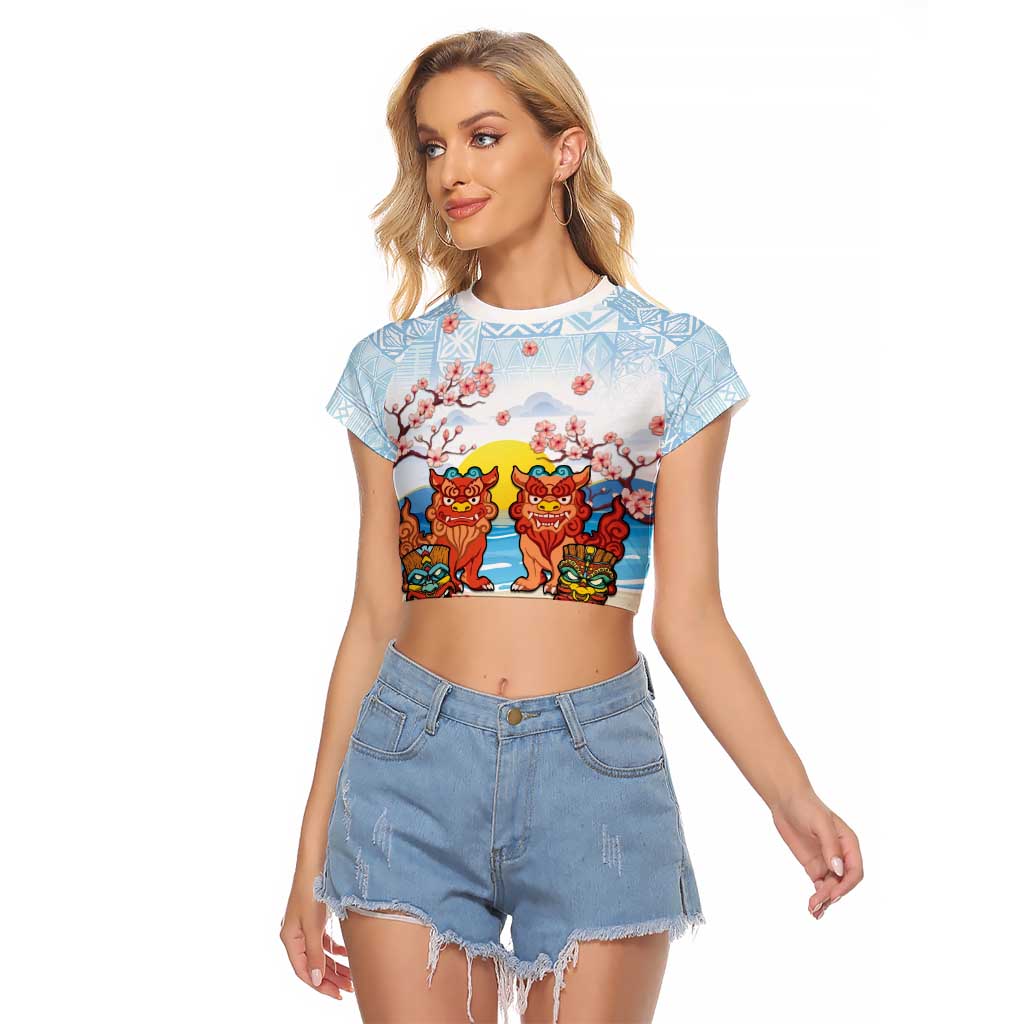 Hawaii And Japan Okinawa Raglan Cropped T Shirt Aloha Gozaimasu Tiki With Shisa