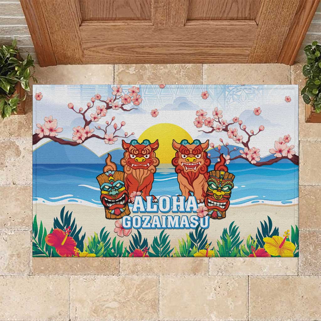 Hawaii And Japan Okinawa Rubber Doormat Aloha Gozaimasu Tiki With Shisa LT05 Blue - Polynesian Pride