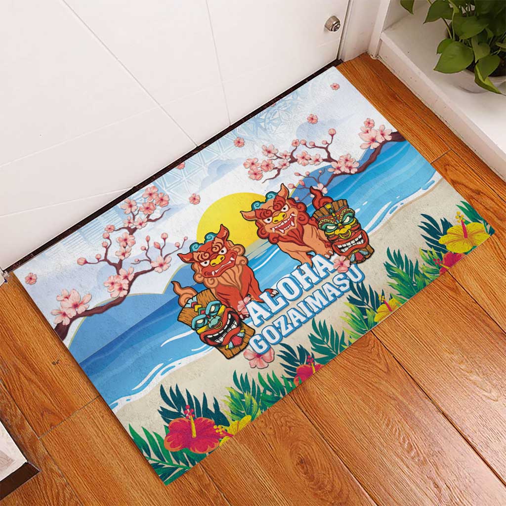 Hawaii And Japan Okinawa Rubber Doormat Aloha Gozaimasu Tiki With Shisa LT05 - Polynesian Pride