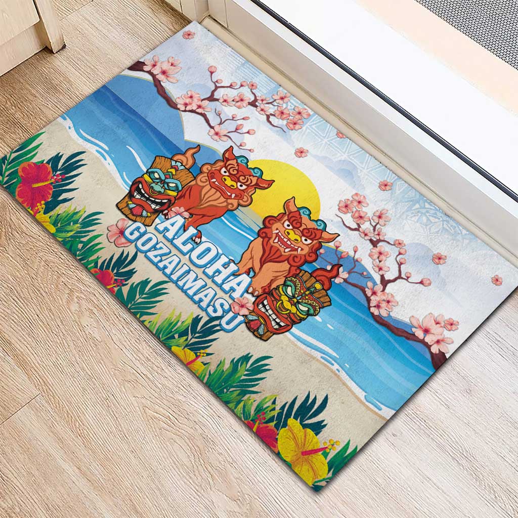 Hawaii And Japan Okinawa Rubber Doormat Aloha Gozaimasu Tiki With Shisa LT05 - Polynesian Pride