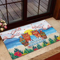 Hawaii And Japan Okinawa Rubber Doormat Aloha Gozaimasu Tiki With Shisa LT05 - Polynesian Pride