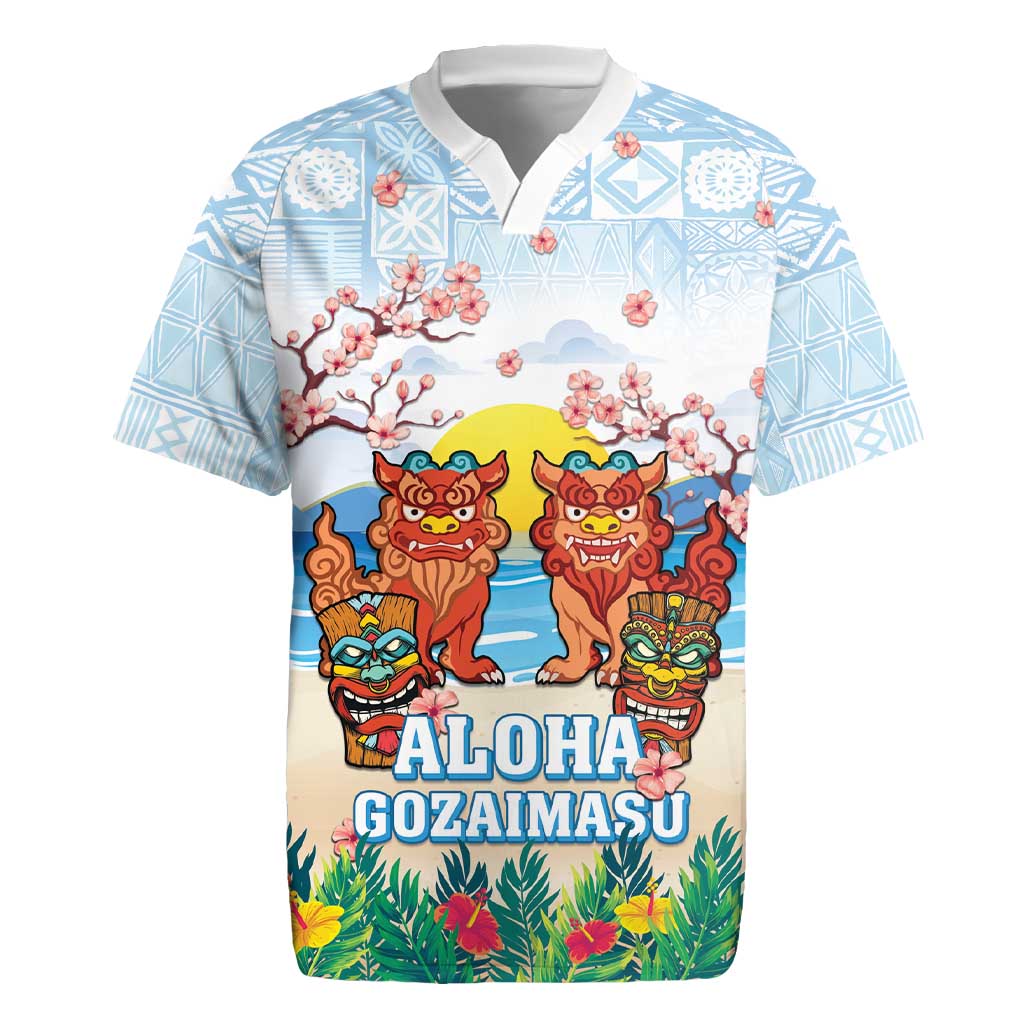 Hawaii And Japan Okinawa Rugby Jersey Aloha Gozaimasu Tiki With Shisa LT05 Blue - Polynesian Pride