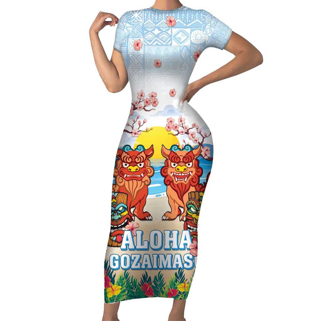 Hawaii And Japan Okinawa Short Sleeve Bodycon Dress Aloha Gozaimasu Tiki With Shisa