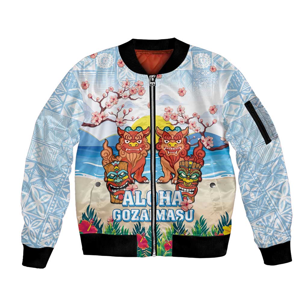 Hawaii And Japan Okinawa Sleeve Zip Bomber Jacket Aloha Gozaimasu Tiki With Shisa