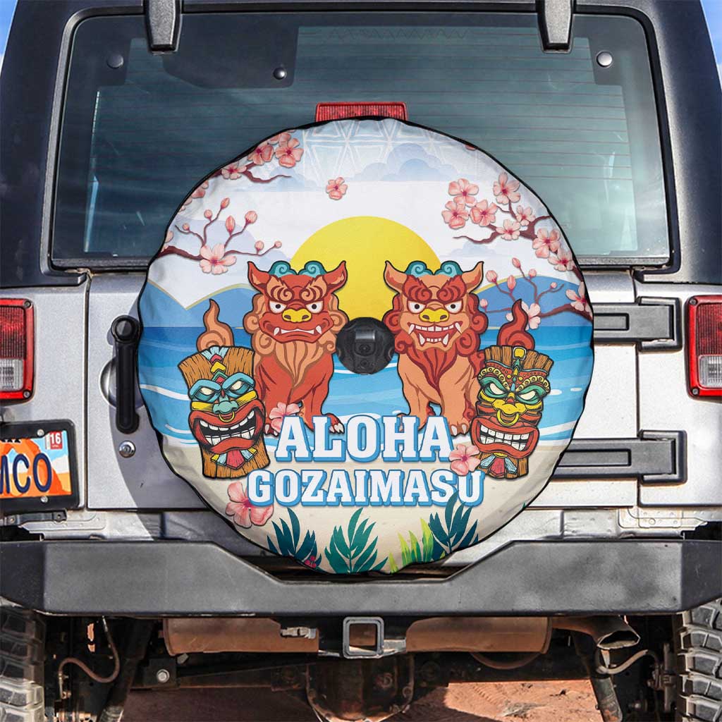 Hawaii And Japan Okinawa Spare Tire Cover Aloha Gozaimasu Tiki With Shisa LT05 Blue - Polynesian Pride