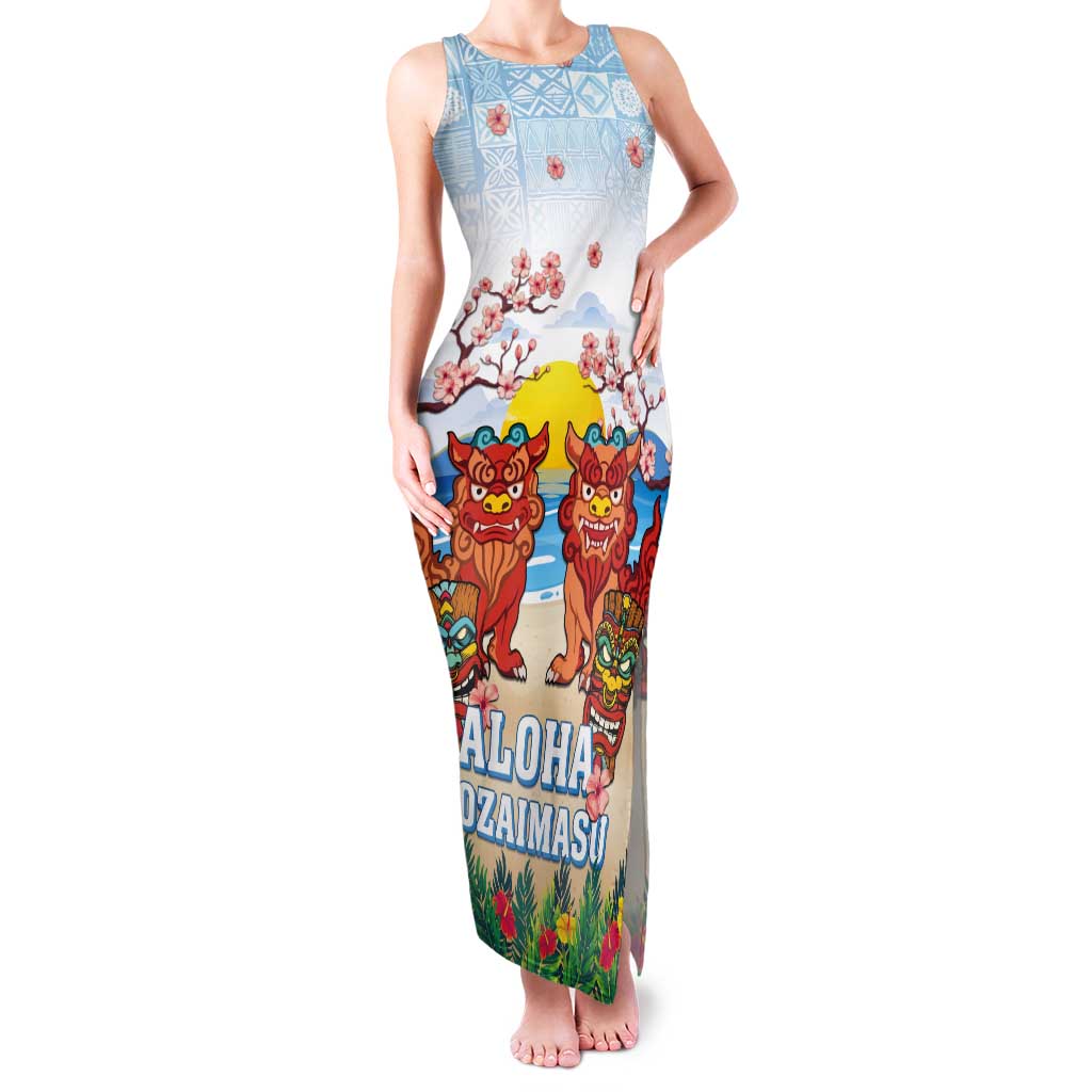 Hawaii And Japan Okinawa Tank Maxi Dress Aloha Gozaimasu Tiki With Shisa LT05 Women Blue - Polynesian Pride