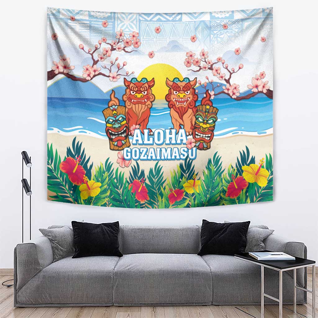 Hawaii And Japan Okinawa Tapestry Aloha Gozaimasu Tiki With Shisa