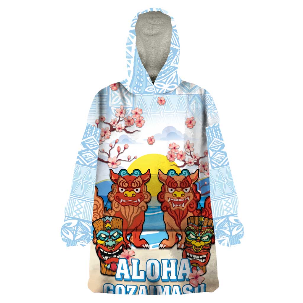 Hawaii And Japan Okinawa Wearable Blanket Hoodie Aloha Gozaimasu Tiki With Shisa LT05 One Size Blue - Polynesian Pride