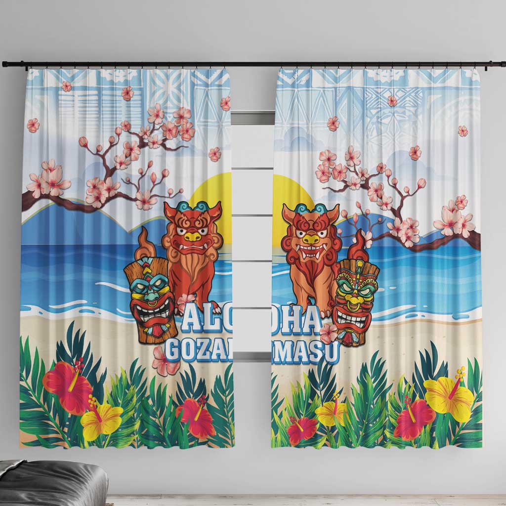 Hawaii And Japan Okinawa Window Curtain Aloha Gozaimasu Tiki With Shisa LT05 With Hooks Blue - Polynesian Pride