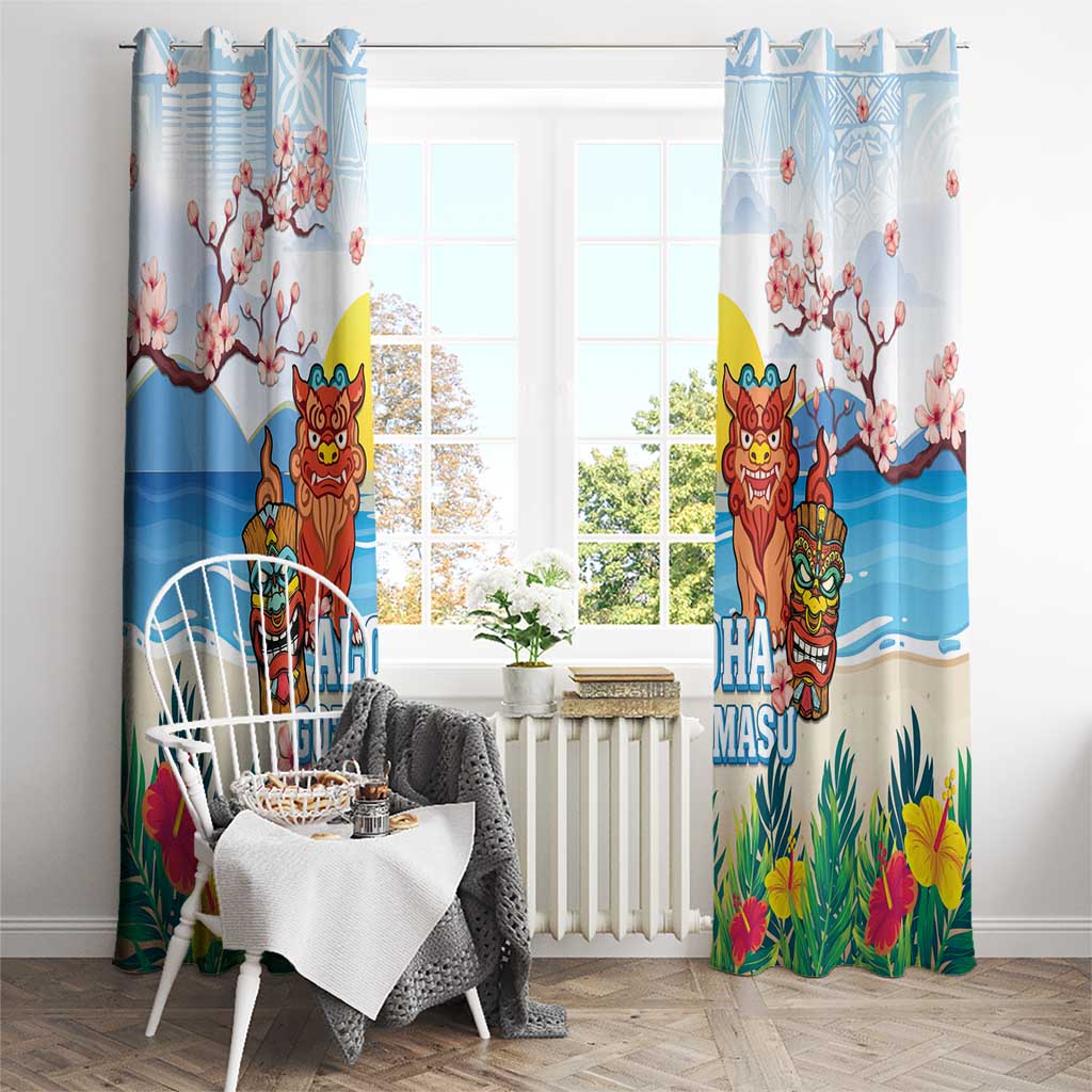 Hawaii And Japan Okinawa Window Curtain Aloha Gozaimasu Tiki With Shisa LT05 - Polynesian Pride