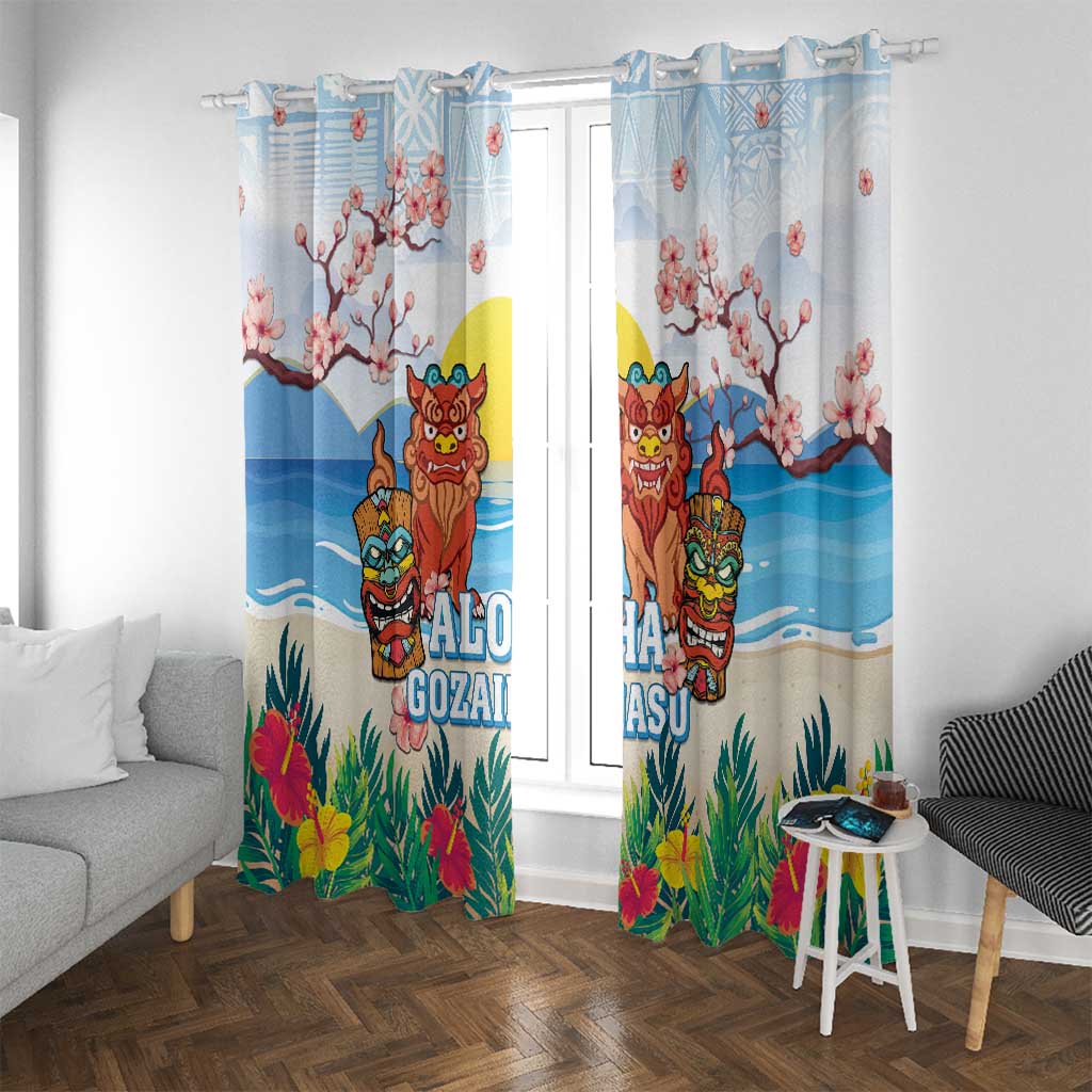 Hawaii And Japan Okinawa Window Curtain Aloha Gozaimasu Tiki With Shisa LT05 With Grommets Blue - Polynesian Pride