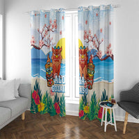 Hawaii And Japan Okinawa Window Curtain Aloha Gozaimasu Tiki With Shisa LT05 With Grommets Blue - Polynesian Pride